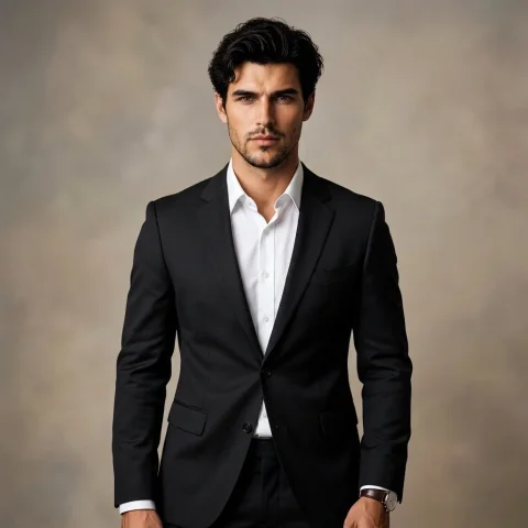 Confident man in tailored black blazer stands in luxurious interior — Nano Banana 2 AI Prompt: Use my uploaded face photo as the ONLY identity reference for the main subject....
