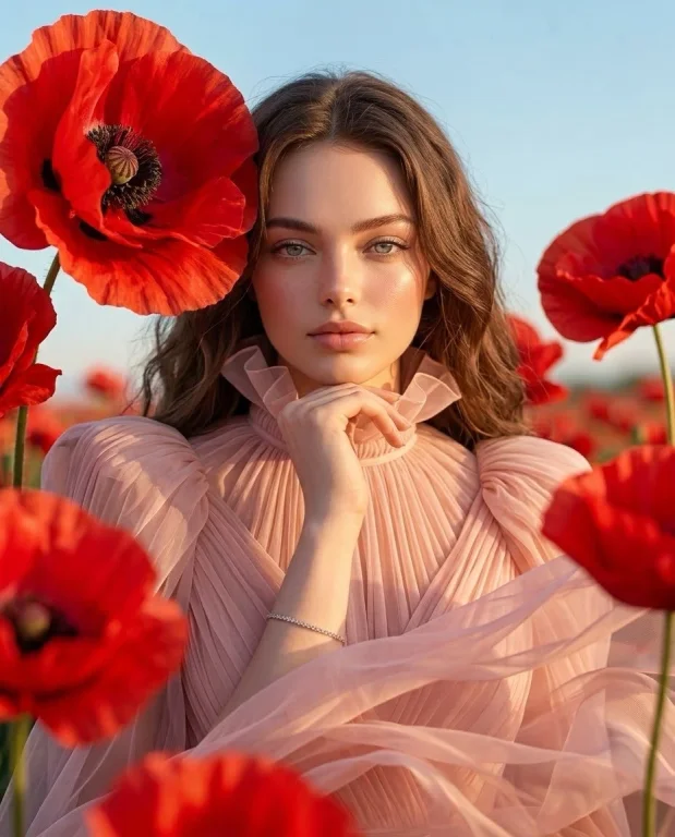 Golden-haired woman in blush dress framed by scarlet poppies.