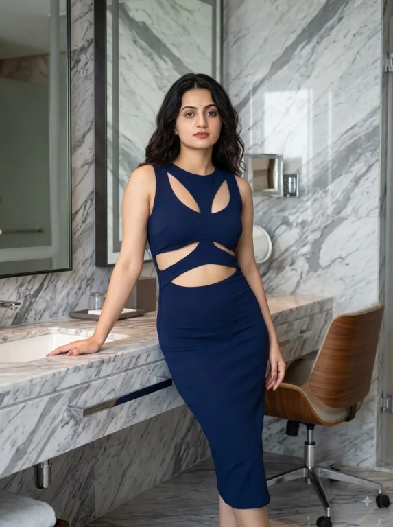 Elegant woman in navy dress leans on marble vanity