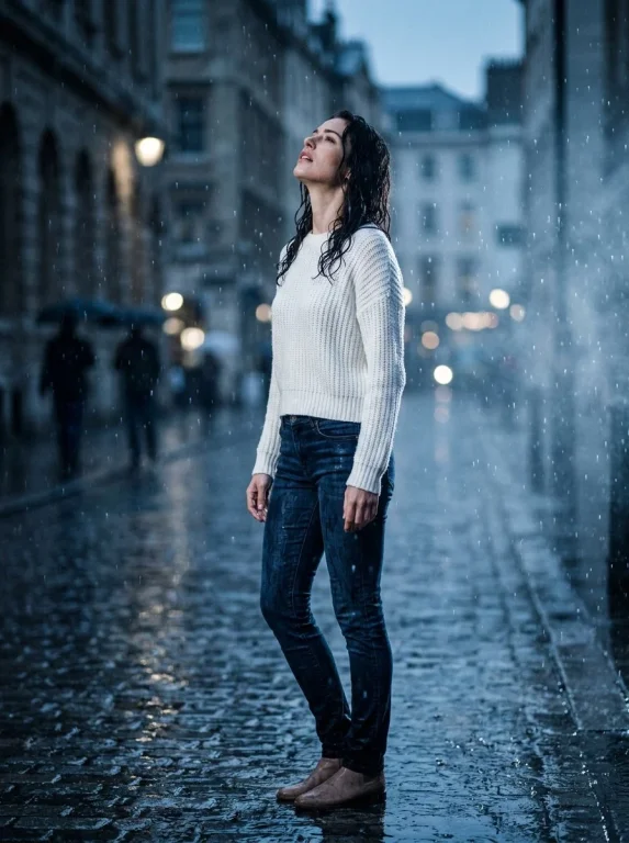 Soaked in cool blue rain, the woman's gaze meets the storm