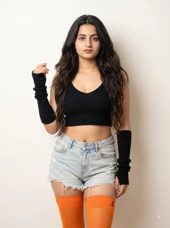 Young woman in black crop top leans against white wall