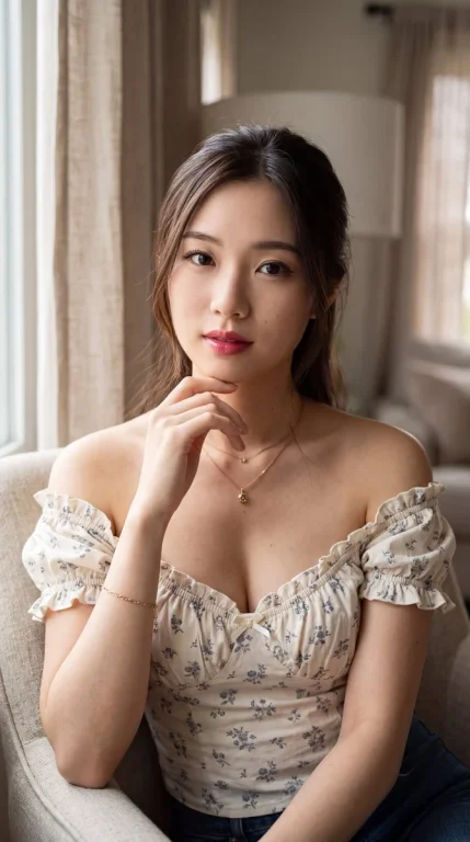 Young East Asian woman in cream blouse sits with hand on chin