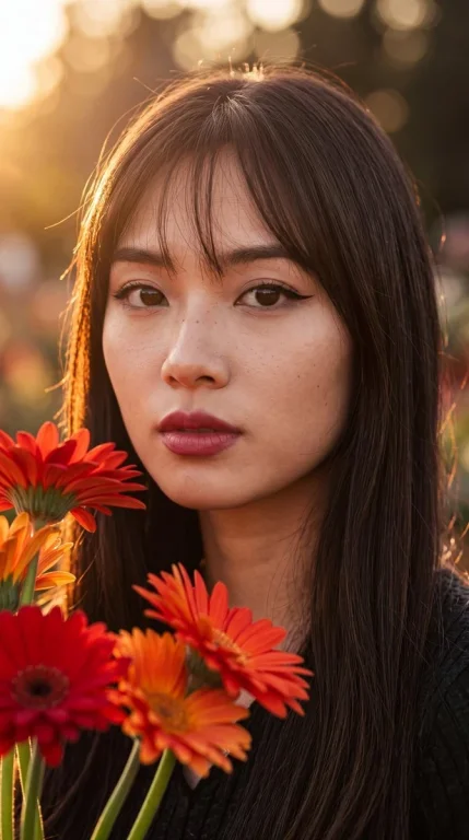 Sun-kissed woman with berry lips framed by red gerbera blooms