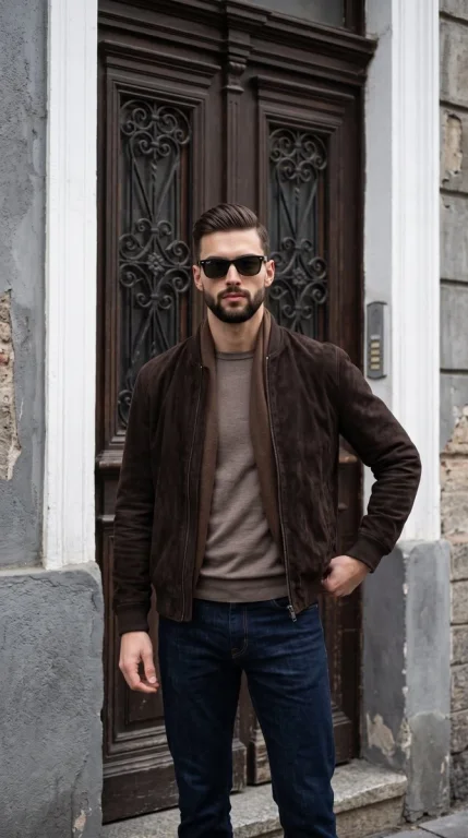 Sunglasses model in suede jacket stands before wrought iron door