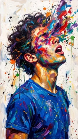 A young man's head erupts in vibrant abstract oil paint swirls. — Nano Banana 2 AI Prompt: A highly detailed, vibrant oil painting in an abstract expressionist style of a...