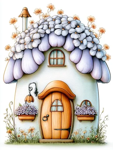 Hydrangea Roof Fairy Cottage Clipart — Midjourney v6 AI Prompt: whimsical flower cottage house, delicate hydrangea flower roof, layered purple p...