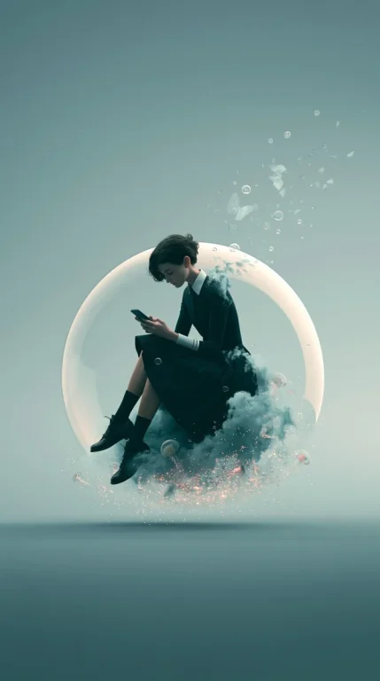 Girl in Phone Bubble Amid Chaos