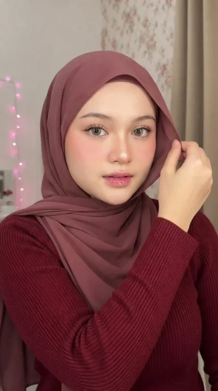 Young woman in dusty rose hijab adjusts fabric with gentle hand