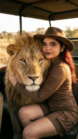 Girl hugs a massive lion in golden hour safari light — Nano Banana 2 AI Prompt: Create a portrait, without changing the facial features. Extremely close-up sh...