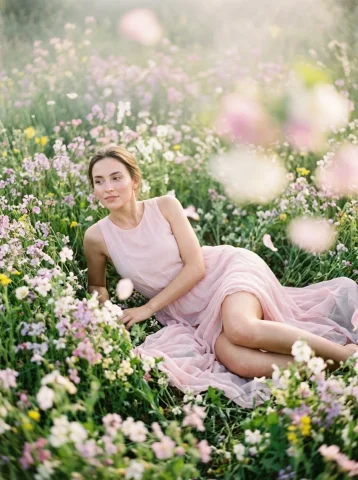A serene girl reclines among dreamlike spring flowers in soft morning light. — Nano Banana 2 AI Prompt: Girl with an appearance that completely repeats the photo reference: all facial...