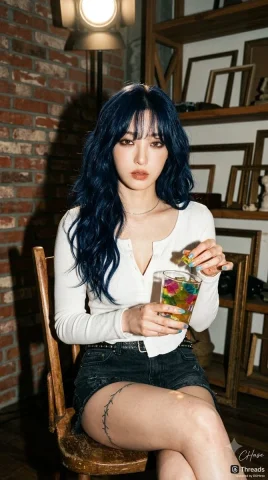 A woman in a chair holds colorful jelly under spotlight — Nano Banana 2 AI Prompt: [인물] 이미지 1, 이미지 2참조 [싸인] 우측하단에는 Meta가 운영하는 Threads 로고가...