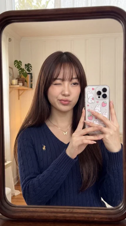 Young woman winks in mirror selfie with rabbit phone case