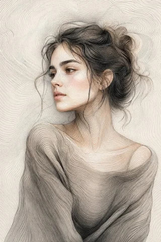 Topographic line art portrait of a woman with dark hair — Nano Banana 2 AI Prompt: A detailed portrait illustration of a beautiful young woman with dark brown hair...