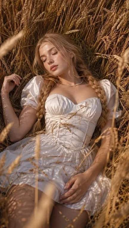 A serene girl lies among golden wheat at sunset
