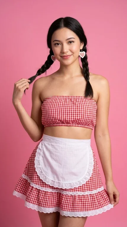 Smiling woman in gingham outfit poses against vibrant pink backdrop