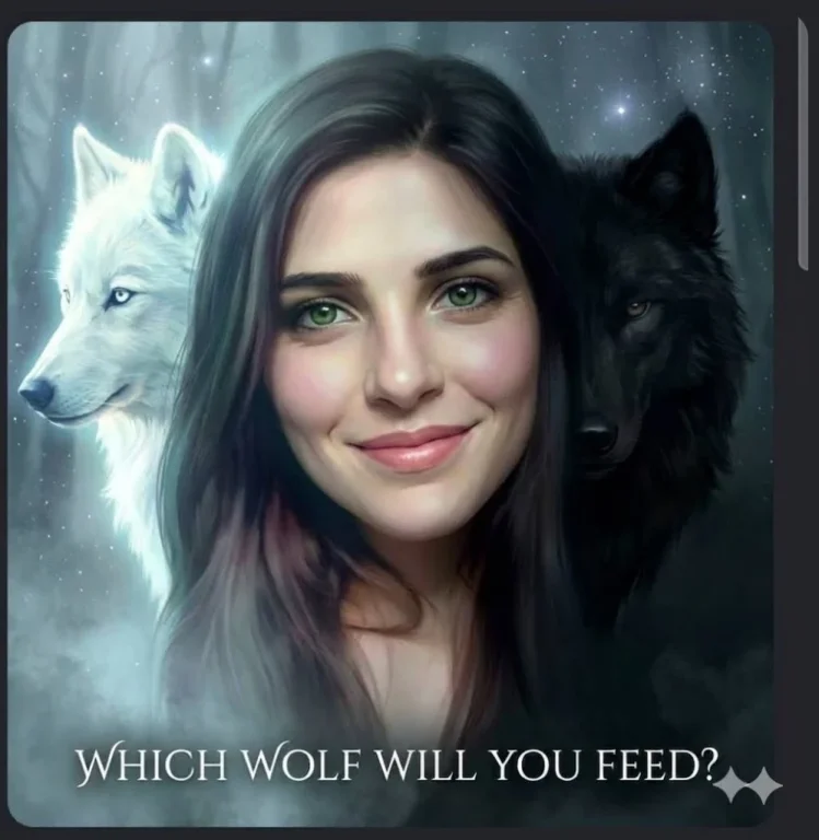 A young woman with green eyes stands between a white and a black wolf