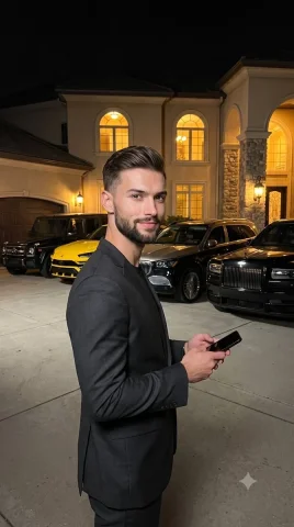 Confident man in charcoal suit poses before luxury cars — Nano Banana 2 AI Prompt: A young, conventionally attractive man with subtle stubble stands centered in a...