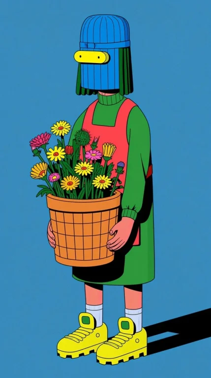 Grotesque Cartoon Granny With Wildflower Basket