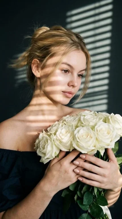 Woman with white roses in striped light, hair blurred