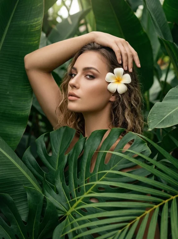 Woman in tropical foliage meets camera with confident gaze