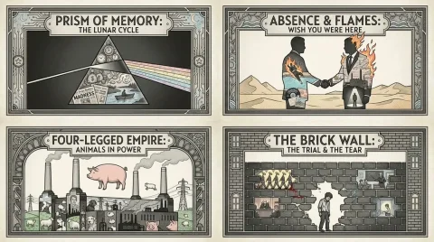 A monochrome Art Deco icon reveals a soft hidden story world. — Nano Banana 2 AI Prompt: 2x2 grid, 16:9, do this for 4 famous pink floyd like albums: CONCEPT ANCHOR 1: "...
