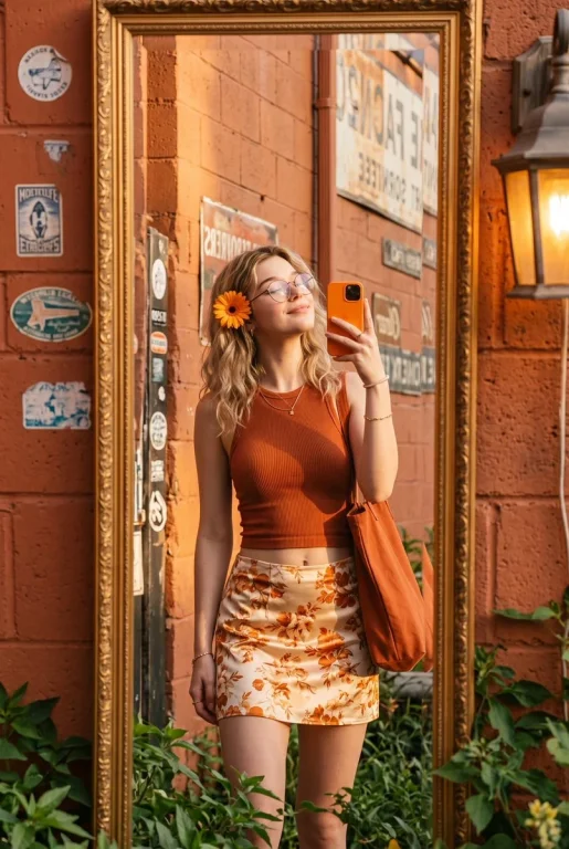 Warm sunlight highlights a woman's orange-themed mirror selfie