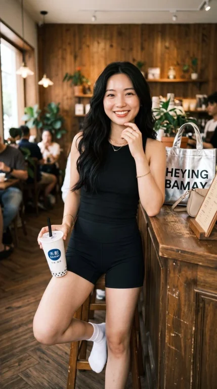 East Asian woman in black tank top leans at café counter with bubble tea