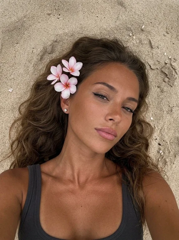 Young woman with tropical flowers lies on warm beach sand