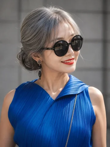 Silver-haired woman in blue dress smiles in soft daylight — Nano Banana 2 AI Prompt: Ultra-realistic luxury street-style editorial portrait of an elegant older woman...