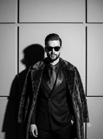 A model in dark formal wear poses under harsh studio light. — Nano Banana 2 AI Prompt: A confident male fashion model stands in a center composition, facing the camera...