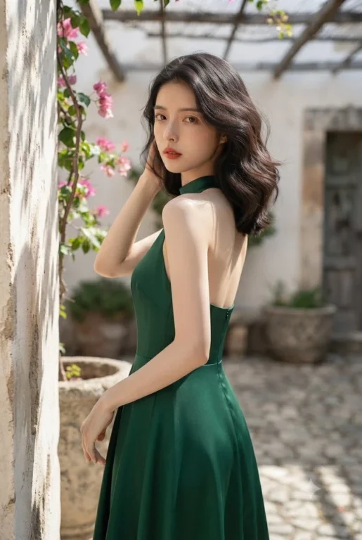 Emerald satin dress shines in Mediterranean courtyard sunlight