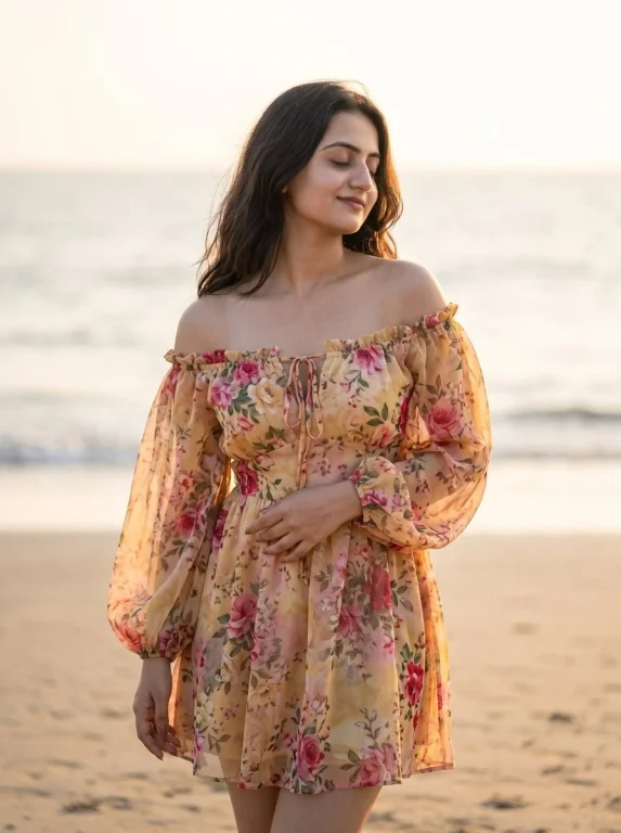 Indian woman in floral dress stands peacefully on sunset beach