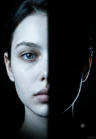 A forensic half-face portrait splits perfectly down the center — Nano Banana 2 AI Prompt: Use the exact same face from the reference image and generate a dark cinematic p...