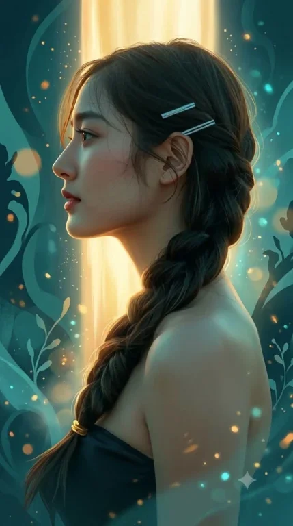 A golden column illuminates a teal fantasy scene with delicate brushstrokes