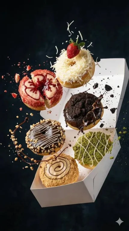 Assorted gourmet burgers burst upwards from a takeaway box.