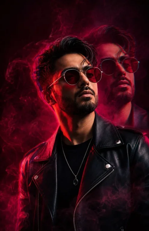 Crimson smoke swirls around a leather-clad figure with sunglasses.