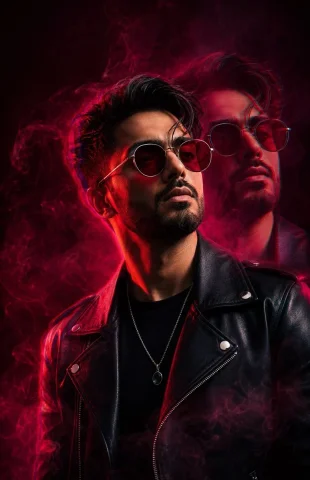 Crimson smoke swirls around a leather-clad figure with sunglasses. — Nano Banana 2 AI Prompt: - Use my uploaded face image as the primary facial identity reference. Preserve...