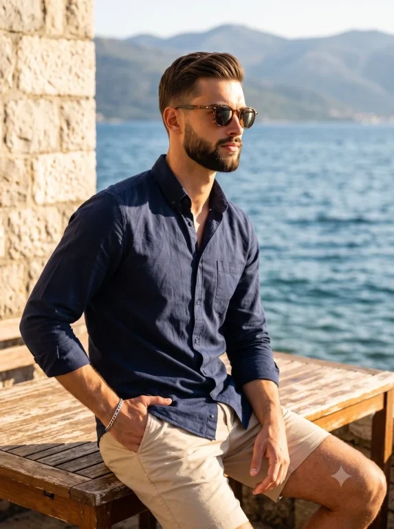 A bearded man in navy shirt sits on wooden table by water