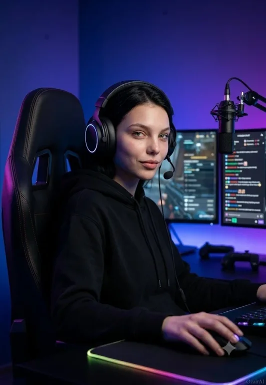 A focused gamer in a RGB-lit streaming room engages viewers live.