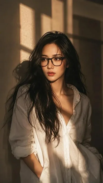 Woman in white shirt gazes through warm golden window light