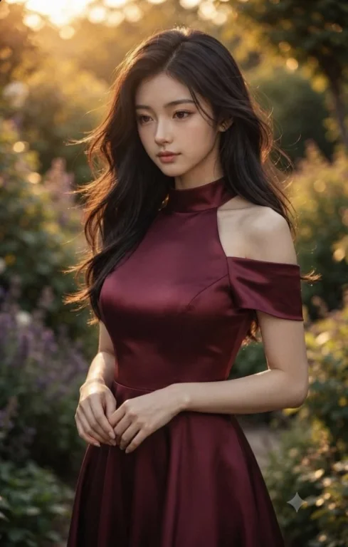 East Asian woman in burgundy satin dress poses in golden hour garden