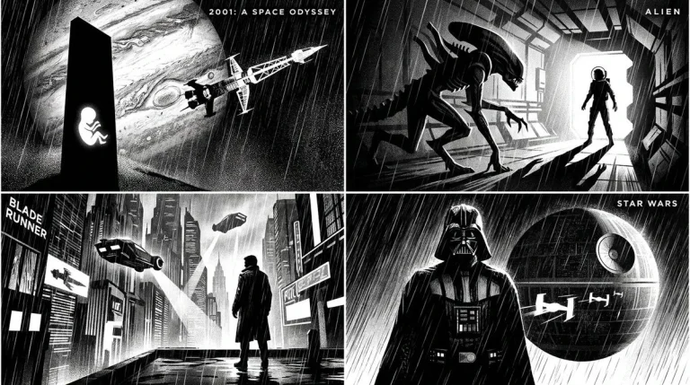 Four classic space films reimagined in stark monochrome noir style