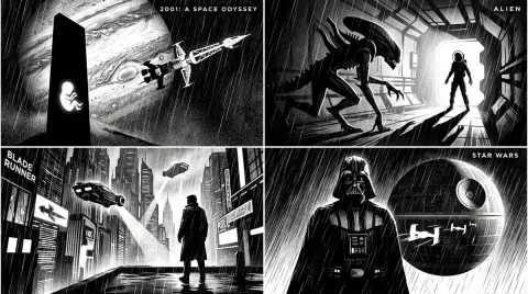 Four classic space films reimagined in stark monochrome noir style — Nano Banana 2 AI Prompt: 2x2 grid, 16:9, do this for 4 famous space movies: RENDER_CHAIN = "[$SUBJECT ::...