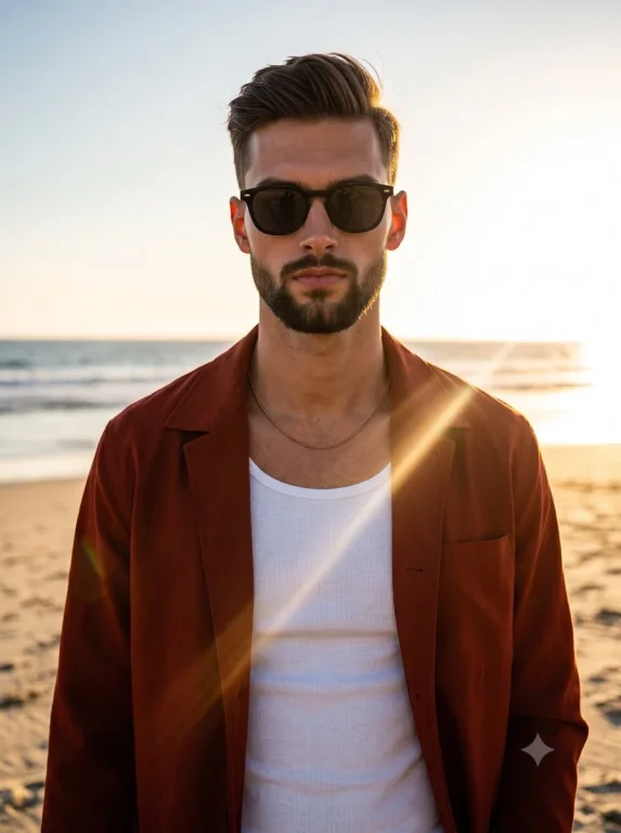 A confident man in a rust jacket poses on golden sand at sunset.
