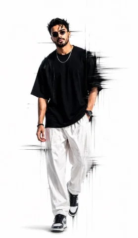 A man walks forward in oversized black tee and white trousers — Nano Banana 2 AI Prompt: - Use my uploaded reference image as the primary facial identity reference. Pres...