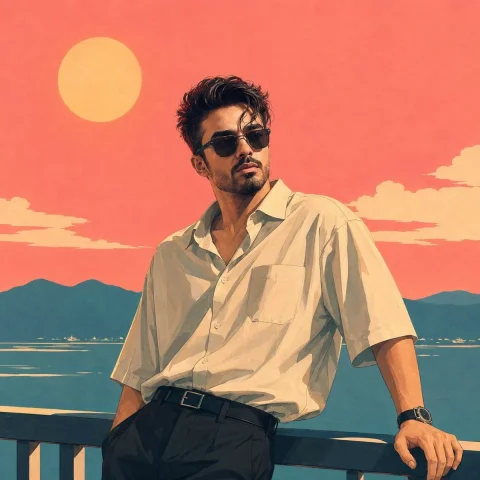 A man in sunglasses leans against a railing at sunset — Nano Banana 2 AI Prompt: - Use my uploaded face image as the primary facial identity reference. Preserve...