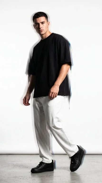 Confident model in oversized black tee strides through white studio