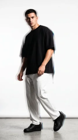 Confident model in oversized black tee strides through white studio — Nano Banana 2 AI Prompt: A stylish young man in a premium editorial fashion photoshoot, wearing an oversi...