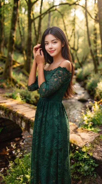 A woman in a green lace gown poses in a sunlit forest