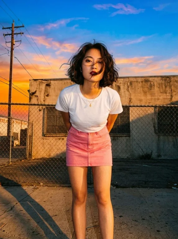Young woman in pink skirt towers against deep electric blue sky